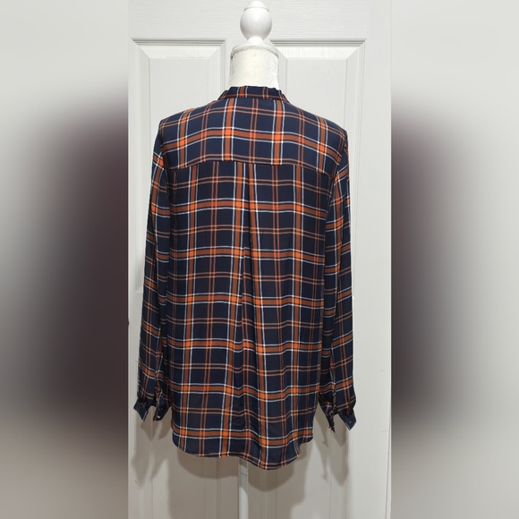 Michael Kors Button Down Tie Neck Plaid Blouse Navy Blue Orange & White - Picture 7 of 11